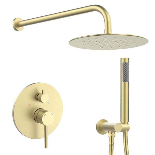 AKLFGN Shower Faucet System with Pressure 10 in. Rain Shower Head and Hand Shower, Brass Valve Rough-In, Brushed Gold