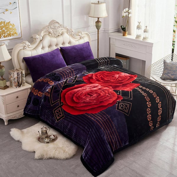 JML Black Flower 2-Ply Reversible Polyester Fleece Mink 85 in. x