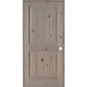 36 in. x 80 in. Knotty Alder 2 Panel Left-Hand Square Top V-Groove Grey Stain Solid Wood Single Prehung Interior Door
