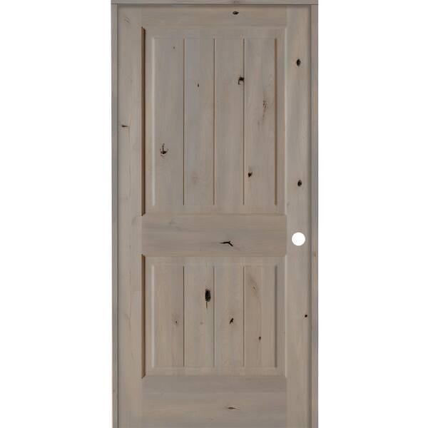 Krosswood Doors 36 in. x 80 in. Knotty Alder 2 Panel Left-Hand Square Top V-Groove Grey Stain Solid Wood Single Prehung Interior Door