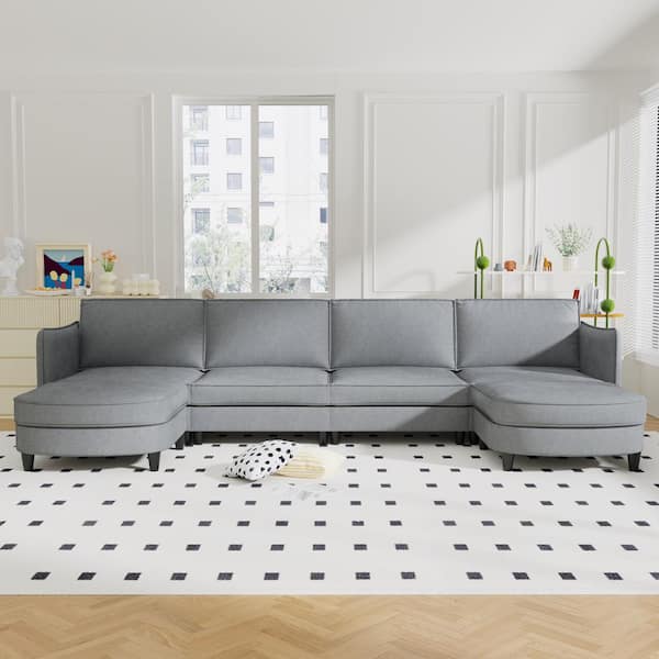 141.5 in. U Shaped Fabric Modern Large Sectional Sofa in Gray with Ottoman Side Pockets for Living Room Apartment Office