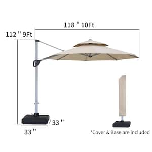 10 ft. Octagon Aluminum Cantilever Patio Umbrella 360-Degree Rotation, Dual Top, Steel Ribs with Cover and Base in Beige