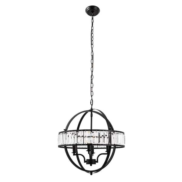 YANSUN 4-Light Matte Black Pendant Chandelier with Crystal Iron Frame for Dining Rooms Foyers