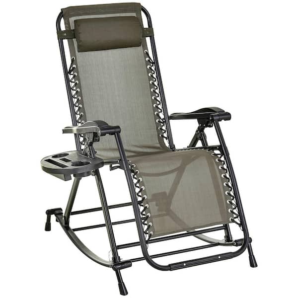 Zeus & Ruta Gray Foldable Metal Reclining Anti Gravity Outdoor Rocking Chair with Pillow, Cup and Phone Holder and Folding Leg