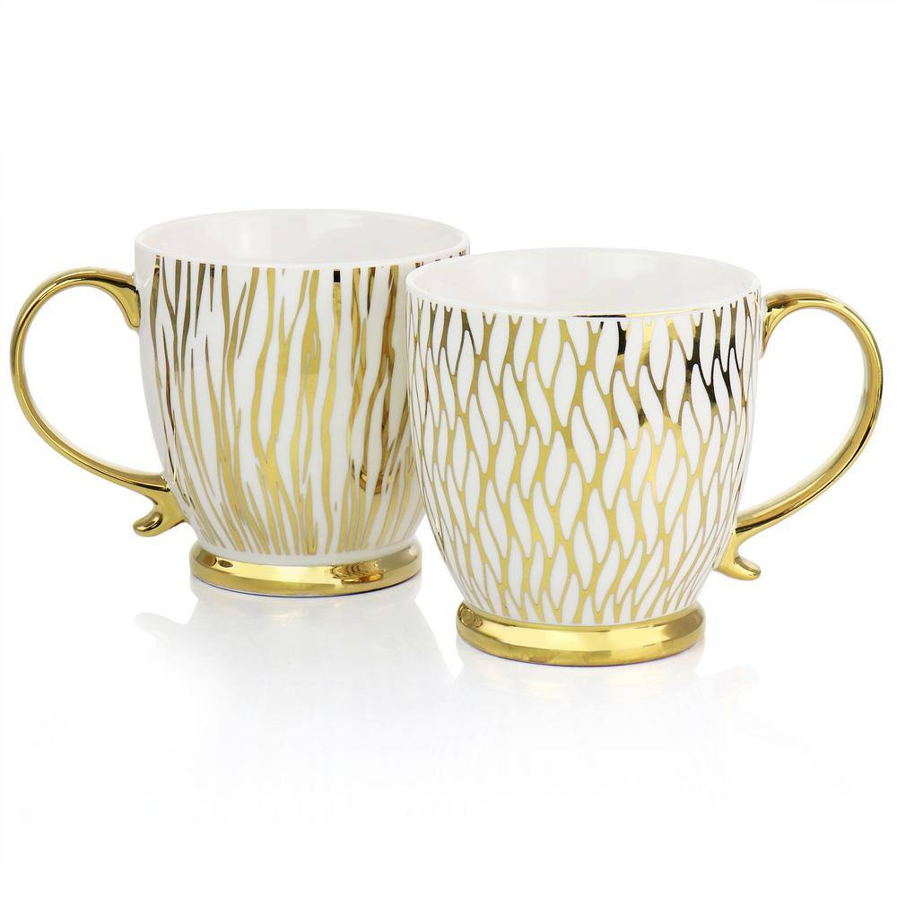 Gold Electroplated Fine Ceramic Mug Set, 4-Piece, White and Gold