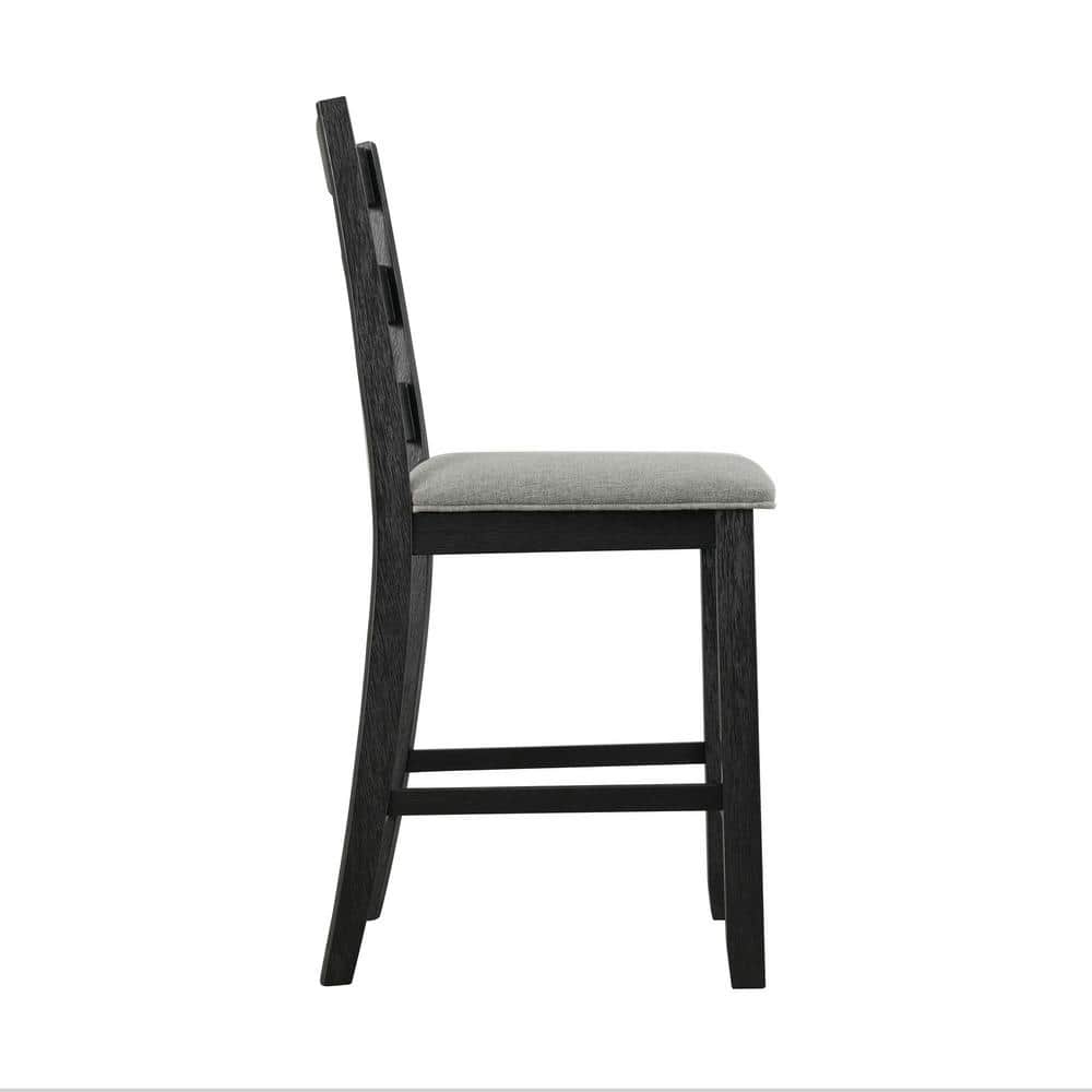 Ladderback Black Wood Side Chair with Grey Upholstered Seat