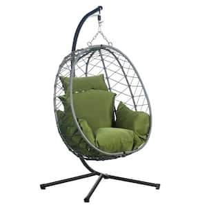 Summit Modern Outdoor Single Person Porch Swing Chair in Grey Metal Frame with Removable Cushions, Dark Green