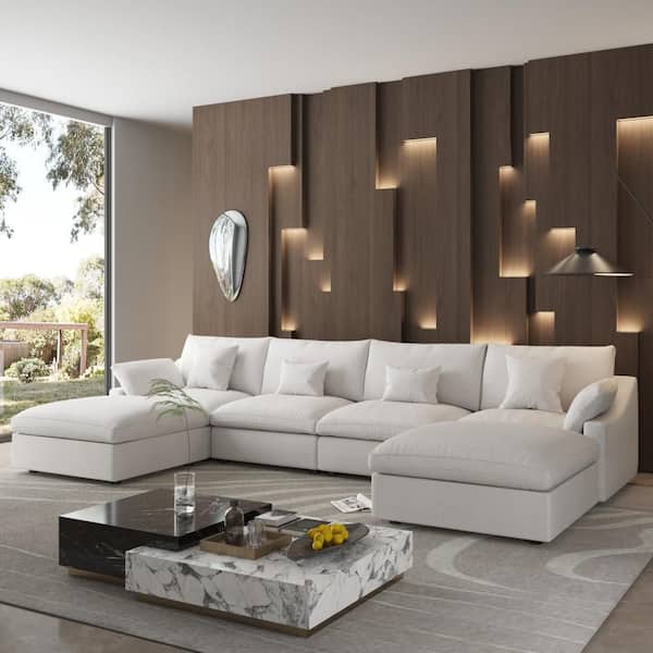 155.9 in. Square Arm 6-piece Linen Modular Sectional Sofa in. Beige with Ottoman, Living Room Couch, Customizable Design