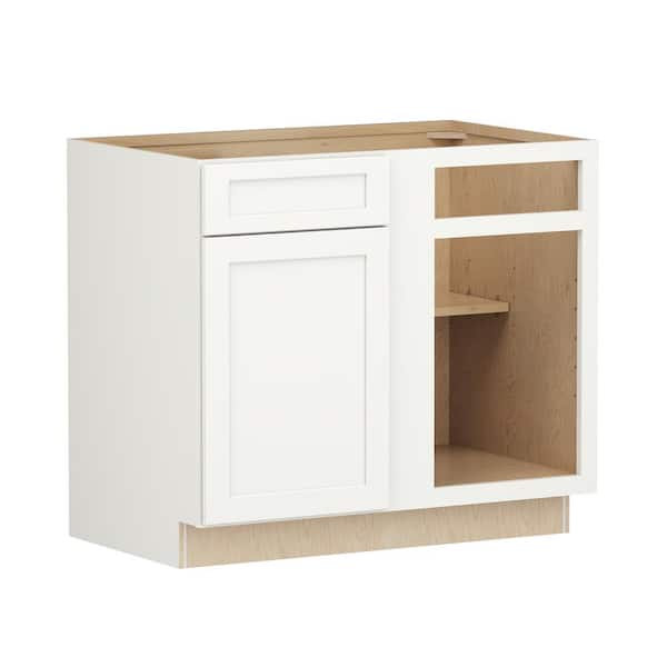 SIMPLY WOODMARK PRO Shaker Full Overlay 39 in. W x 24 in. D x 34.5 in. H Plywood Assembled Blind Corner Base Kitchen Cabinet in Linen White