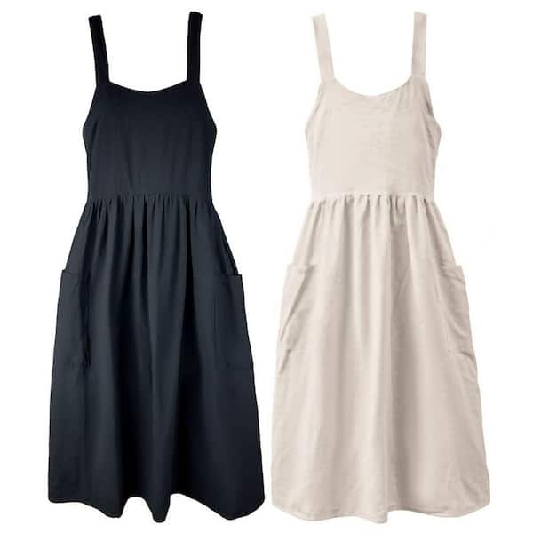 Cross Back Cotton Linen Apron with Pockets for Women, Black and Beige (2-Pack)