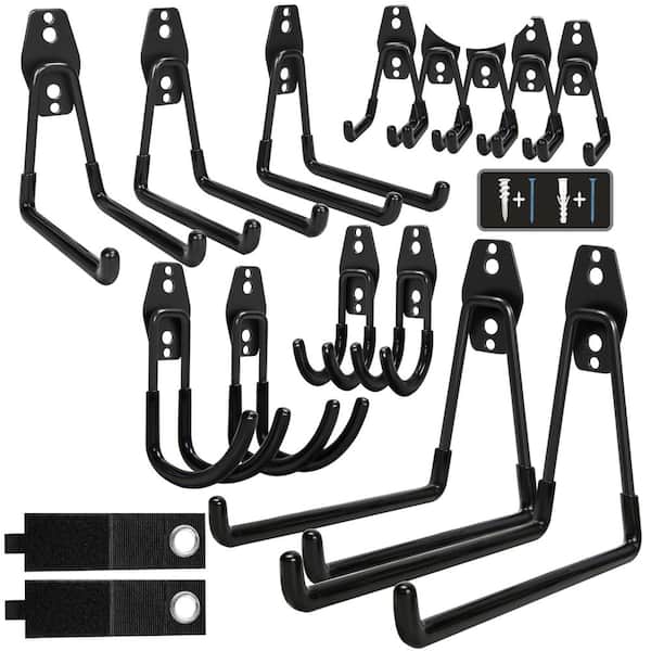 16 Pack 9.13 in. Black Steel Heavy Duty Wall Mount Hooks with Non-Slip Coating for Hanging Ladders, Bikes, Garden Tools