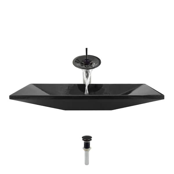 MR Direct Stone Vessel Sink in Shanxi Black Granite with Waterfall Faucet and Pop-Up Drain in Antique Bronze
