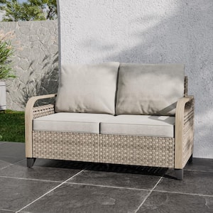 Brown Wicker Outdoor Patio Loveseat with Gray Cushions