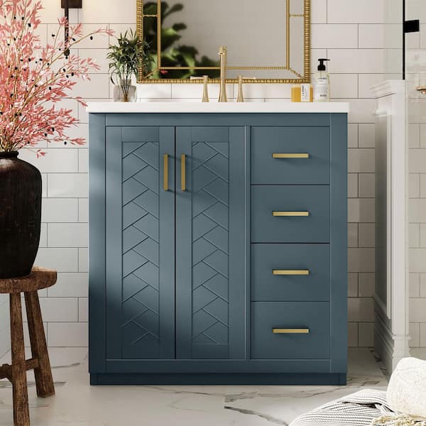 30in. W x 18in. D x 34in. H Freestanding Solid Wood Bath Vanity in Blue with White Ceramic Undermount Sink