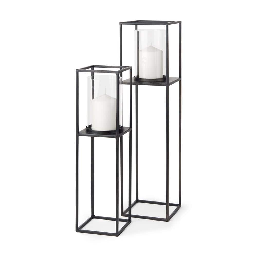 Mercana Cindy Set of 2 Matte Black Metal and Hurricane Glass Pillar ...