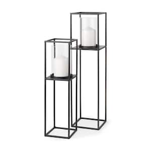 Cindy Set of 2 Matte Black Metal and Hurricane Glass Pillar Tabletop Candle Sconces Holders