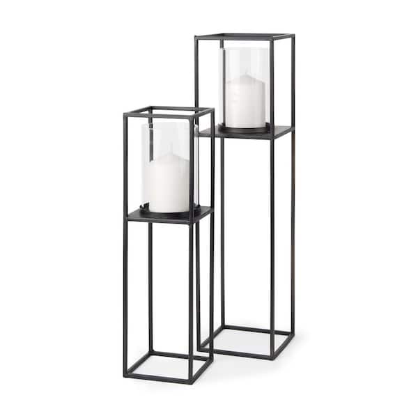 Mercana Cindy Set of 2 Matte Black Metal and Hurricane Glass Pillar Tabletop Candle Sconces Holders