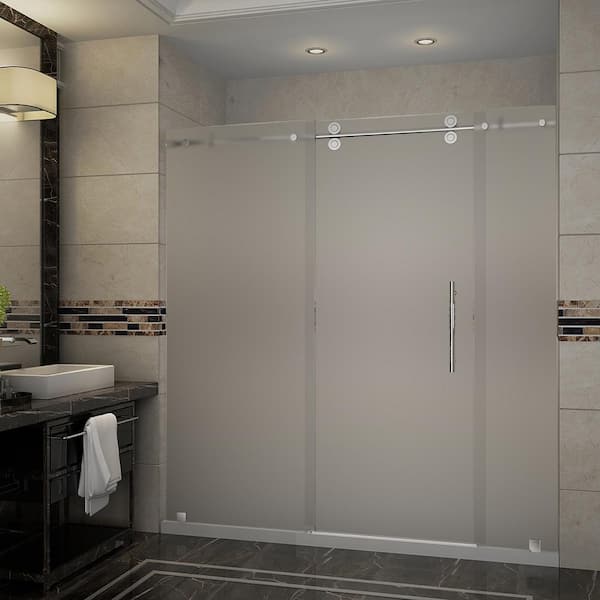 Aston Langham 72 in. x 35 in. x 77.5 in. Frameless Sliding Shower Door, Frosted Glass in Chrome with Right Base
