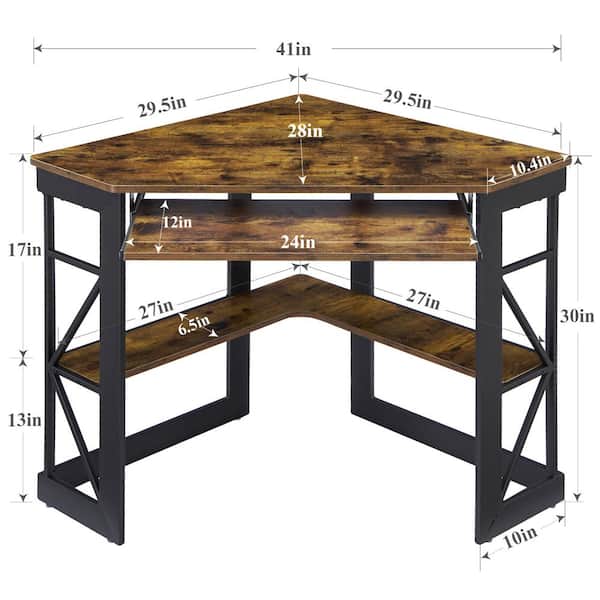 Corner Desk, 29.5 in. W Triangle Antique Brown Computer Desk, Wooden Desk, Steel Frame Computer Desk with Keyboard Tray