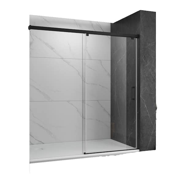 EPOWP 60 in. W x 76 in. H Single Sliding Frameless Shower Door in Matte Black with Clear Glass