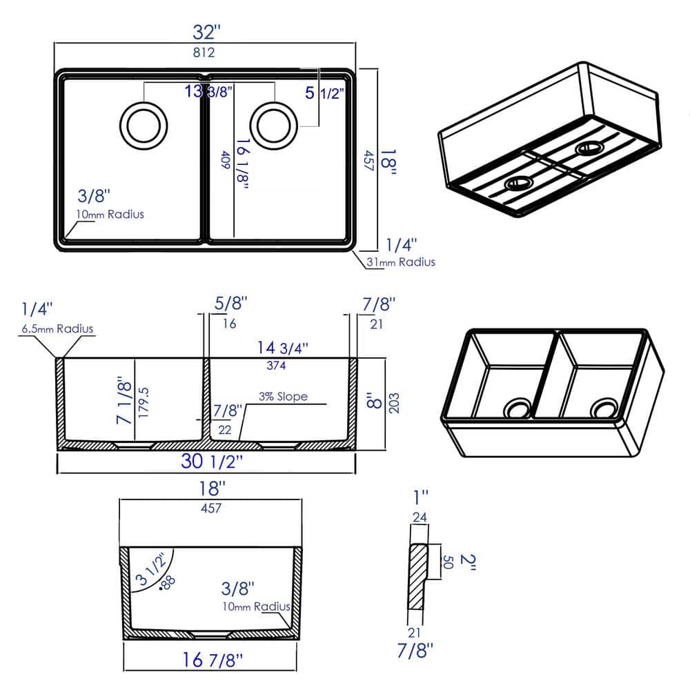 32'' White Double Bowl Fireclay Farmhouse Kitchen Sink