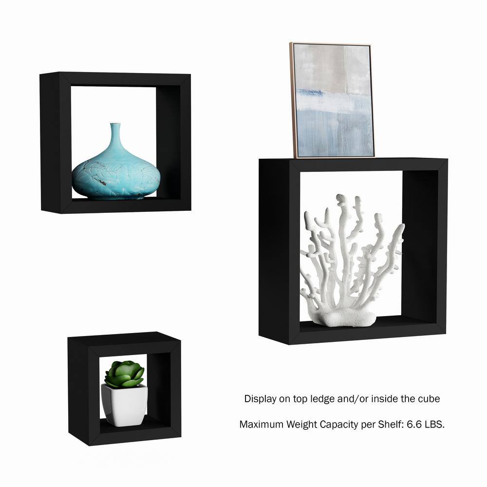 Black Wood Floating Cube Wall Shelf Set with Hidden Brackets