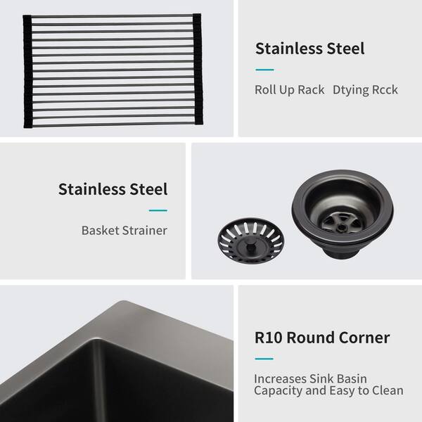 stufurhome - 30 in. Gunmetal Black Single Bowl Workstation 16-Gauge Stainless Steel Drop-In Kitchen Sink with Backspalash