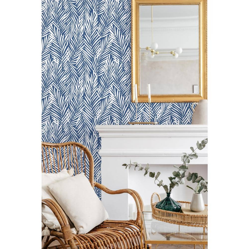 Coastal Blue Palm Leaf Peel and Stick Vinyl Wallpaper Roll