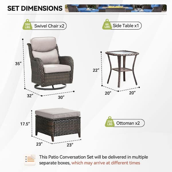 LunaCurve Brown Swivel Glider Wicker Patio Conversation Set with Beige Olefin 5 in. Thick Cushions/Ottoman (5-Piece)