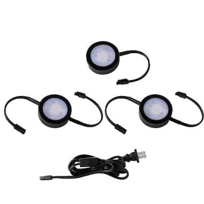 Three 6 in. LED Black Puck Lights 2-Double and 1-Single with Roll Switch 3-CCT Selectable Line Voltage