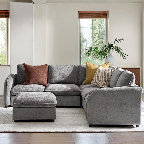 Felix 132.25 in. 5-piece Polyester Sectional Sofa in Grey