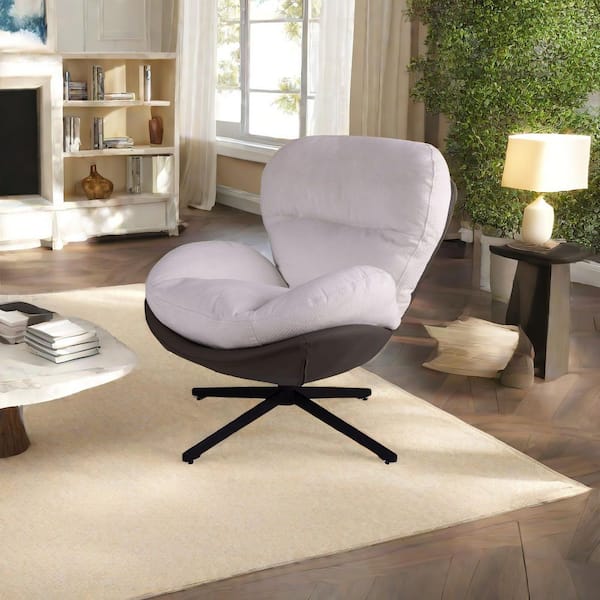360° Swivel Chenille Chair Swivel Office Chair with Faux Leather and Black Metal Base Frame for Small Spaces in White