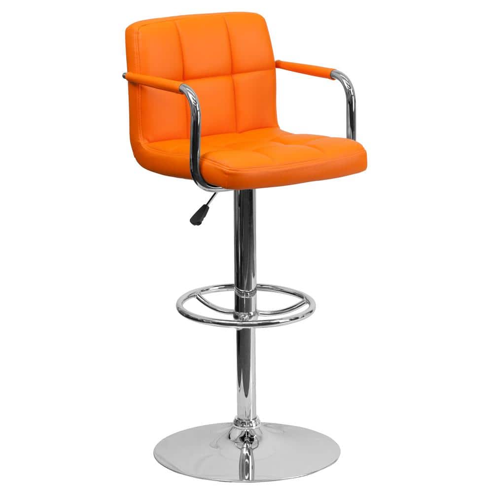 Contemporary Orange Quilted Vinyl Adjustable Swivel Barstool with Chrome Base