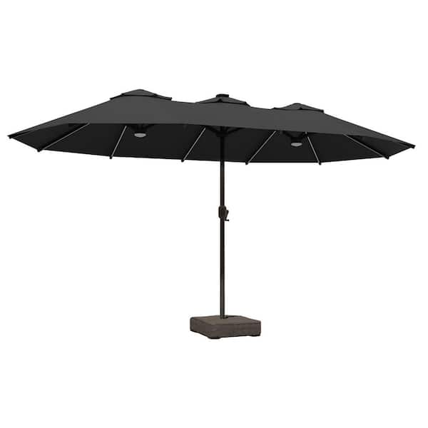 15 ft. Rectangle Outdoor Double Sided Market Patio Umbrella in Dark Gray with Base and RGB Lights for Poolside Lawn