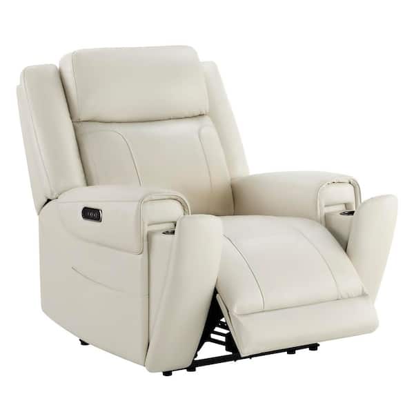 Rhea Dual Motors Cream Genuine Leather Wall Hugger Power Recliner with Cup Holders, Side Pockets, USB&Type-C Ports