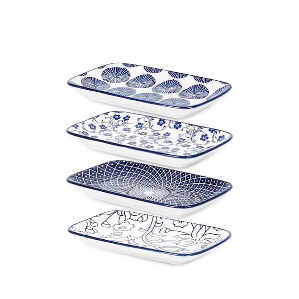 Ceramic Rectangular Salad Plates, Set of 4, 8 in. Dishes for Appetizers, Sushi, Fruit - Vintage Blue Hue