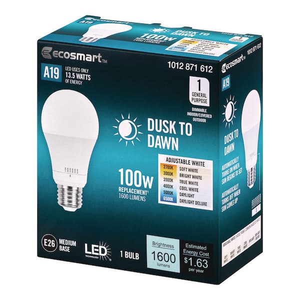 100-Watt Equivalent A19 Dimmable Dusk to Dawn LED Light Bulb with Selectable Color Temperature (1-Pack)