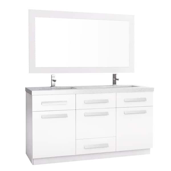 Design Element Moscony 60 in. W x 22 in. D Double Vanity in White with Composite Stone Vanity Top in Quartz and Mirror