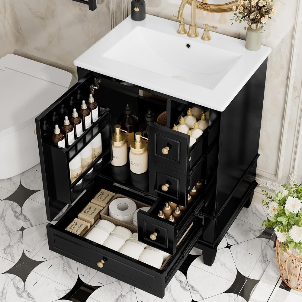 24 in. W Black Freestanding Bathroom Vanity with Ceramic Sink Top, 3 Drawers and Side Cabinet price history on PriceWatchPro