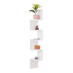 49 in. White Wood 5-shelf Corner Bookcase with Open Storage