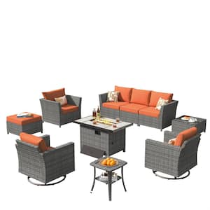 Bexley Gray 10-Piece Wicker Rectangle Fire Pit Patio Conversation Set with Orange Red Cushions and Swivel Chairs