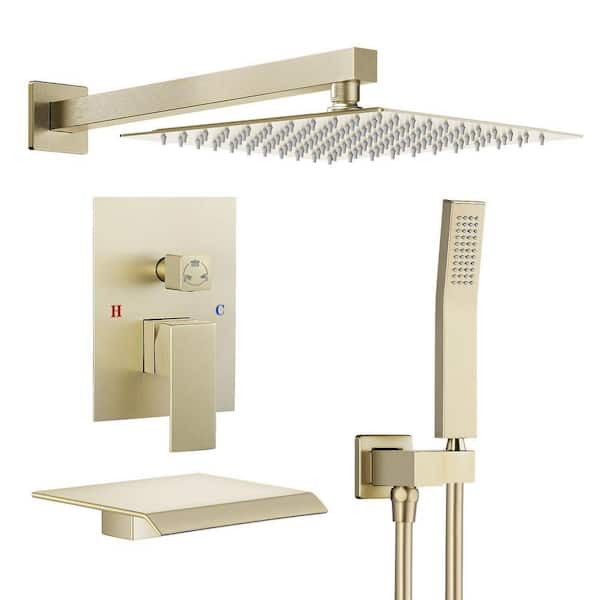 10 in. Shower Head Double Handle 3-Spray Tub and Shower Faucet Shower Combo 2.5 GPM in Brushed Gold Valve Included