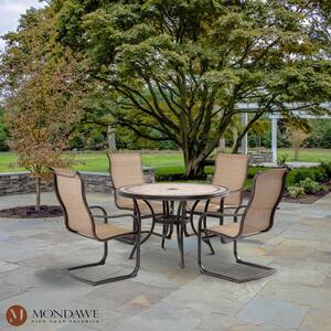 5-Piece Cast Aluminum Round Dining Sling Set with 47.8 in. Tile-Top Table and Light Brown Sling Curved Chairs