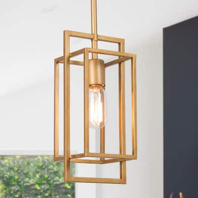 Vintage Brushed Gold Modern Geometric Cage Pendant Light Classic Brass Hanging Light for Kitchen Island Foyer Hallway