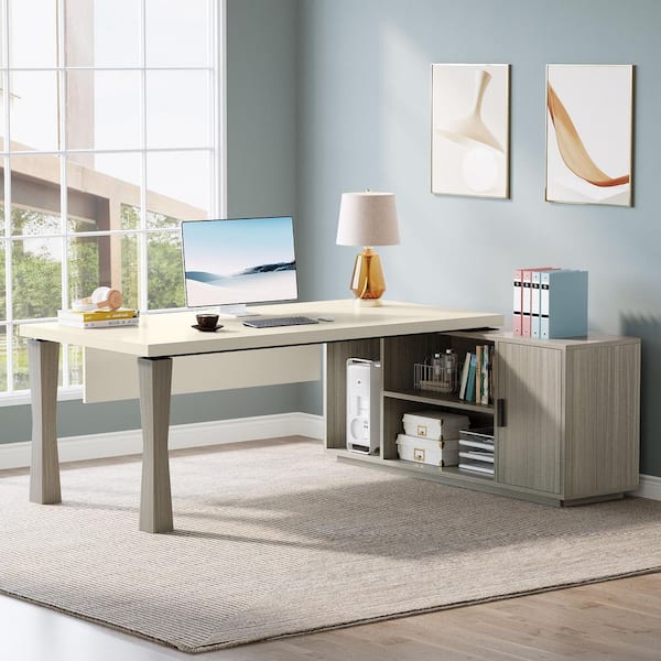 BYBLIGHT Lanita 78.7 in. L-Shaped Gray Wood Executive Desk with Cabinet, Office Desk with Storage Shelves, Doors for Home Office