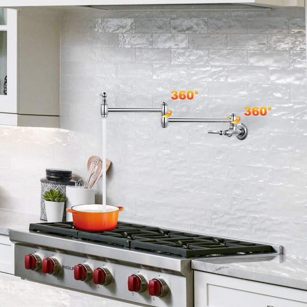 Chrome Wall-Mounted Double Handle Pot Filler Faucet