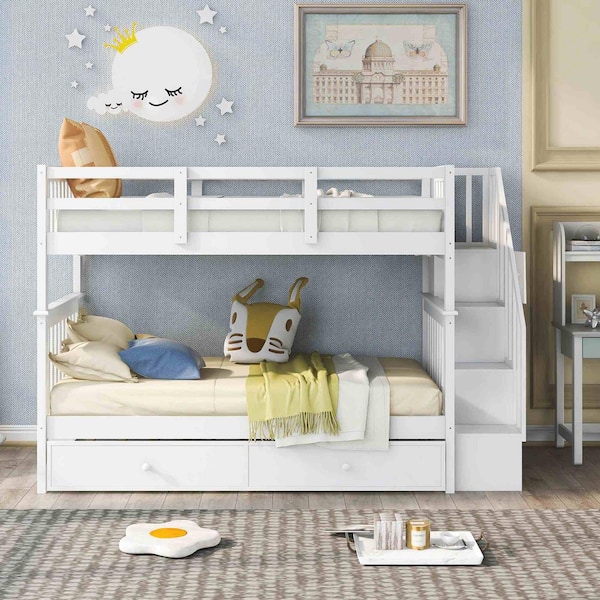 White Stairway Twin-Over-Twin Bunk Bed with Twin size Trundle for Bedroom, Dorm, Adults
