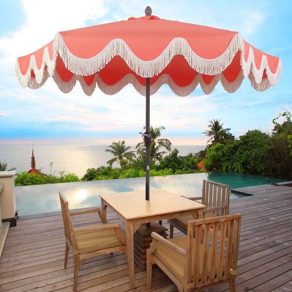 Collins 9 ft. Cottage Tassel Market Patio Umbrella with Auto-Tilt, Crank, Wind Vent and UV Protection in Coral Red/Cream