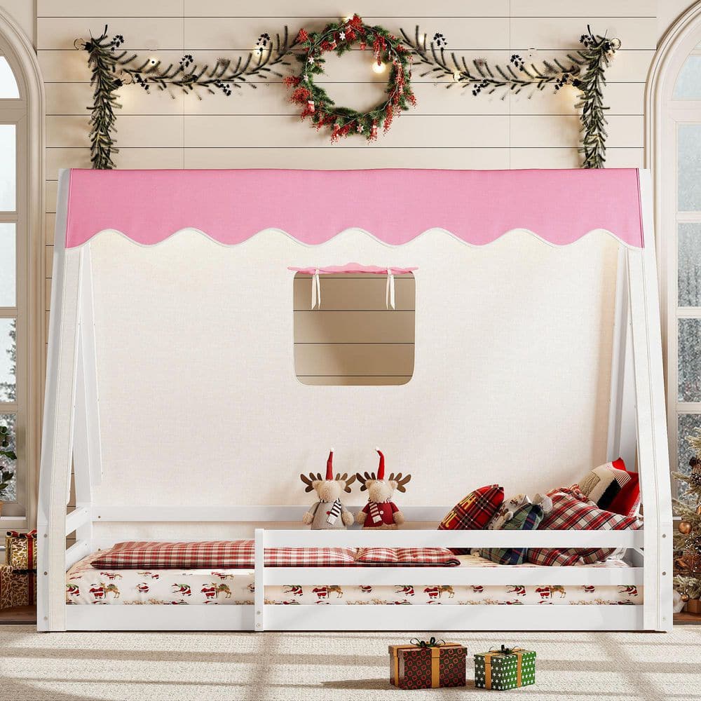 White/Pink Twin Size Kids Bed with Tent and Light, Full-Length Guardrails price history on PriceWatchPro