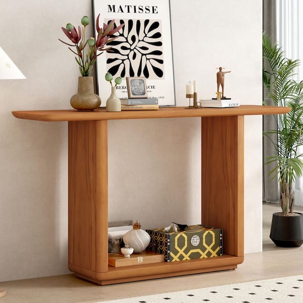 Harper & Bright Designs 59.8 in Natural Specialty Curved Corners Acacia Venner and MDF Console Table with U-Base